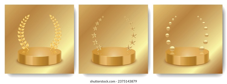 Podium realistic set of three compositions with golden pedestals with laurel wreaths star and bubble shapes vector illustration