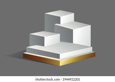 Podium realistic. Showroom pedestal, floor stage platform vector isolated mockup. White and gold 3D realistic square empty podium with steps. Concept of showcase for product