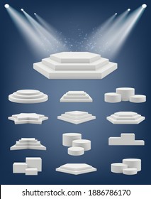 Podium realistic. Showroom pedestal stages different platforms arena winner table shapes vector collection