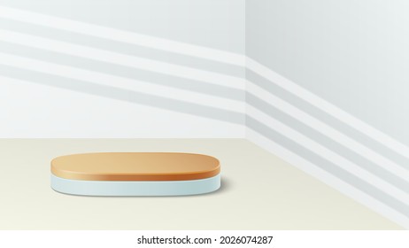 The podium is rectangular with rounded corners. The scene is in the corner of the room. Pedestal for presentations. The light from the blinds hits the wall. 3D vector illustration.