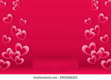 Podium red background Valentine’s Day frame border with hearts doodle for sales advertise  3d banner vector illustration.