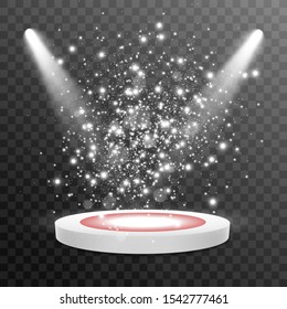Podium with a red carpet. Award ceremony stage. Pedestal. Floodlight. Vector illustration.