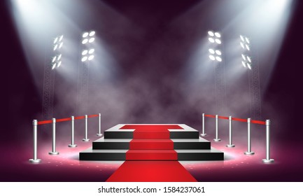 Podium with red carpet and barrier fence illuminated by spotlights. Empty pedestal for award ceremony with smoke. Vector illustration. 