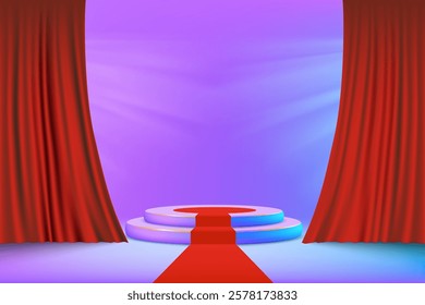 Podium with red carpet behind opening curtain. Vector illustration