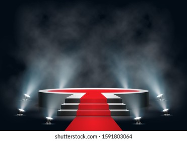 Podium With Red Carpet Illuminated By Spotlights. Empty Pedestal For Award Ceremony With Smoke. Vector Illustration. 