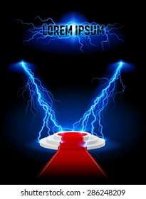 Podium with red carpet lightning strikes. Place for text