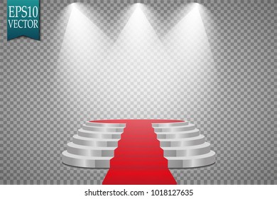 

Podium and red carpet. Round podium, isolated on white background. 3d pedestal. Vector illustration.
