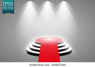

Podium and red carpet. Round podium, isolated on white background. 3d pedestal. Vector illustration.
