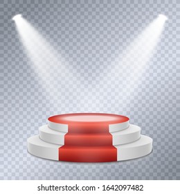 Podium with a red carpet. Scene for the award ceremony. Pedestal. Floodlight. Vector illustration. Podium in the light in the stars.