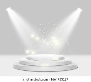 Podium with a red carpet. Scene for the award ceremony. Pedestal. Floodlight. Vector illustration. Podium in the light in the stars.	