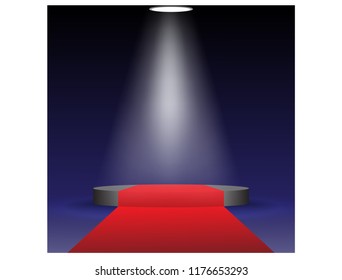 Podium and red carpet with spot light on top.vector illustration