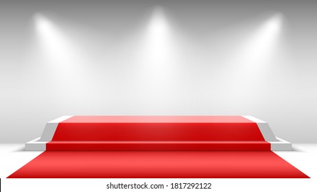 Podium with red carpet and spotlights. Blank pedestal. Stage for awards ceremony. Vector illustration.