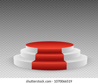 
Podium with red carpet. Stage for awards ceremony. Pedestal. Spotlight. Vector illustration.