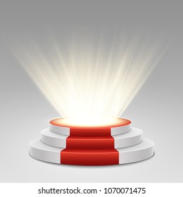 Podium with red carpet. Stage for awards ceremony. Pedestal. Spotlight. Vector illustration.