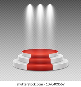 Podium with red carpet. Stage for awards ceremony. Pedestal. Spotlight. Vector illustration.