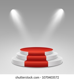 Podium with red carpet. Stage for awards ceremony. Pedestal. Spotlight. Vector illustration.