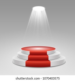 Podium with red carpet. Stage for awards ceremony. Pedestal. Spotlight. Vector illustration.