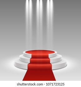 Podium with red carpet. Stage for awards ceremony. Pedestal. Spotlight. Vector illustration.