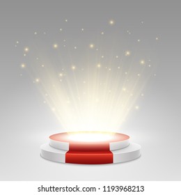 Podium with red carpet. Stage for awards ceremony. Pedestal. Spotlight. Vector illustration.