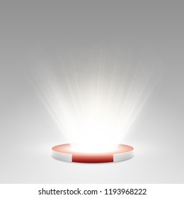 Podium with red carpet. Stage for awards ceremony. Pedestal. Spotlight. Vector illustration.