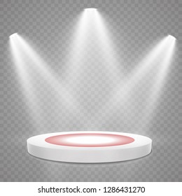 	
Podium with red carpet. Stage for awards ceremony. Pedestal. Spotlight. Vector illustration.