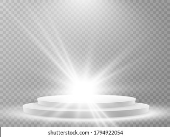 Podium with red carpet. Stage for awards ceremony. Pedestal. Spotlight. Vector illustration.