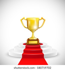 Podium With Red Carpet And Trophy Cup. Vector Illustration.