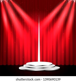 Podium with red curtain. Empty pedestal for award ceremony. Platform illuminated by spotlights