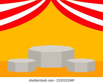podium with red and white curtains and orange floor and screen
