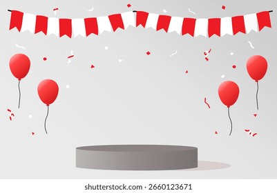 podio con banderines rojos y blancos, confeti y globos para celebrar el Día de la Independencia de Indonesia 