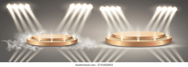 Pódio com luz refletida, iluminado por holofotes. Ilustração vetorial.