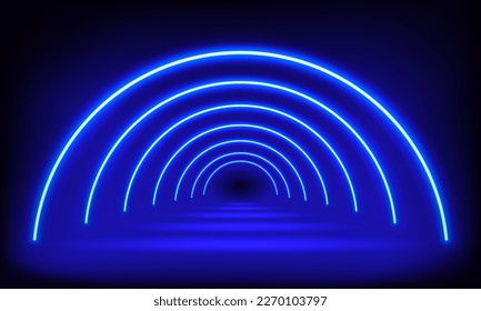 Podium, road, pedestal, platform in form circle with neon luminous rays on blue background. Stage with scenic lights. Abstract 3D neon backdrop. Neon magic motion lights semicircle.Vector illustration