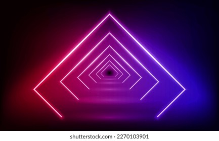 Podio, calle, peatón, plataforma en forma de rhombus con neón luminoso sobre fondo rojo azul. Escenario con luces escénicas. Resumen del fondo de neón 3D. La luz mágica neón se ilumina en la plaza. Ilustración vectorial.