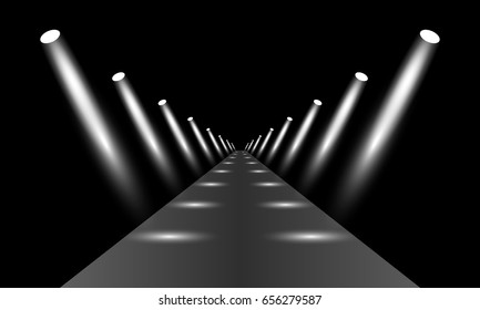 Podium, road, pedestal or platform illuminated by spotlights on black background. Stage with scenic lights. Vector illustration