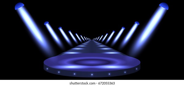 Podium, road, pedestal or platform illuminated by spotlights on black background. Stage with scenic lights. Vector illustration