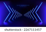 Podium, road, pedestal or platform with neon luminous rays on blue background. Neon magic lights arrow line. Stage with scenic lights. Abstract 3D neon background. Motion shine. Vector illustration