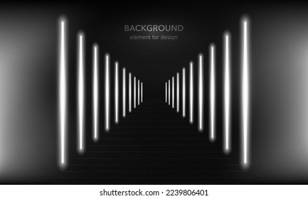 Podium, road, pedestal or platform with neon luminous rays on black and white background. Stage with scenic lights. Abstract neon background. Neon magic lights line. Motion shine blue. Vector.