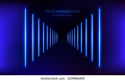 Podio, camino, pedestal o plataforma con neón luminoso en fondo azul. Escenario con luces escénicas. Resumen del fondo neón. Línea de luces mágicas neón. El movimiento brilla azul. Ilustración del vector