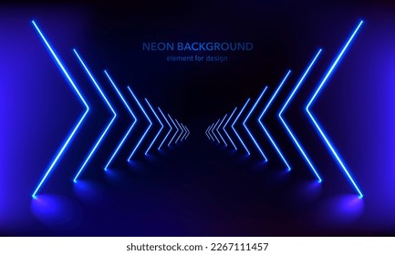 Podium, road, pedestal or platform with neon luminous rays on blue background. Neon magic lights arrow line. Stage with scenic lights. Abstract 3D neon background. Motion shine. Vector illustration