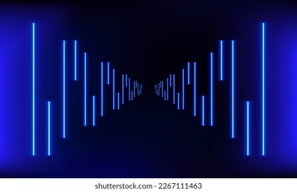Podium, road, pedestal or platform with neon luminous rays on blue background. Stage with scenic lights. Abstract 3D neon background. Neon magic lights line. Motion shine blue. Vector illustration