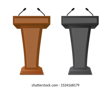 Podium rostrum with microphone for debate, speech, press conference, dispute, audience. Podium tribune with empty place for speaker, lecture.Isolated stage stand for debate.vector eps10