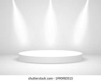 Podium round with light. White realistic stage with spotlights. illuminated circle with shadow. White 3d pedestal or presentation platform. Vector illustration.