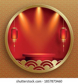 Podium round stage chinese style, for chinese new year and festivals or mid autumn festivalwith red papar cut art and craft on color backgroung with asian elements
