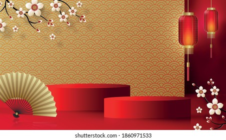 Podium round stage chinese style, for chinese new year and festivals or mid autumn festivalwith red papar cut art and craft on color backgroung with asian elements