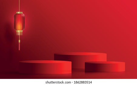 Podium round stage chinese style, for chinese new year and festivals or mid autumn festival with red paper cut art and craft on color backgroung with asian elements