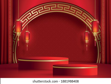 Podium round stage chinese style, for chinese new year and festivals or mid autumn festival with red paper cut art and craft on color backgroung with asian elements