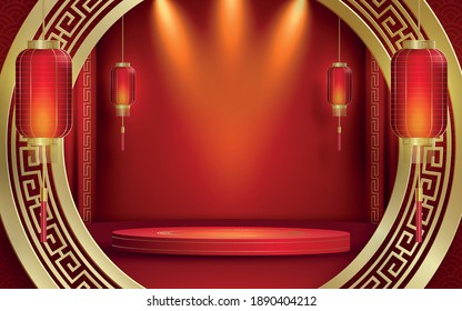 Podium round stage chinese style, for chinese new year and festivals or mid autumn festival with red paper cut art and craft on color backgroung with asian elements