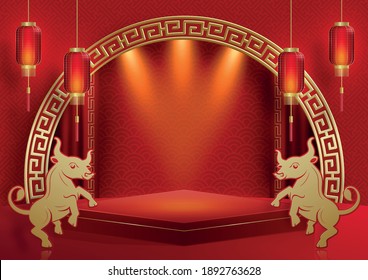 Podium round stage chinese style, for chinese new year and festivals or mid autumn festival with red paper cut art and craft on color backgroung with asian elements