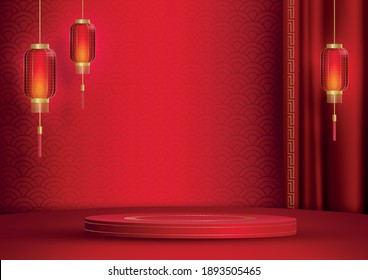 Podium round stage chinese style, for chinese new year and festivals or mid autumn festival with red paper cut art and craft on color backgroung with asian elements