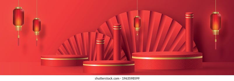 Podium round stage chinese style, for chinese new year and festivals or mid autumn festival with red paper cut art and craft on color backgroung with asian elements